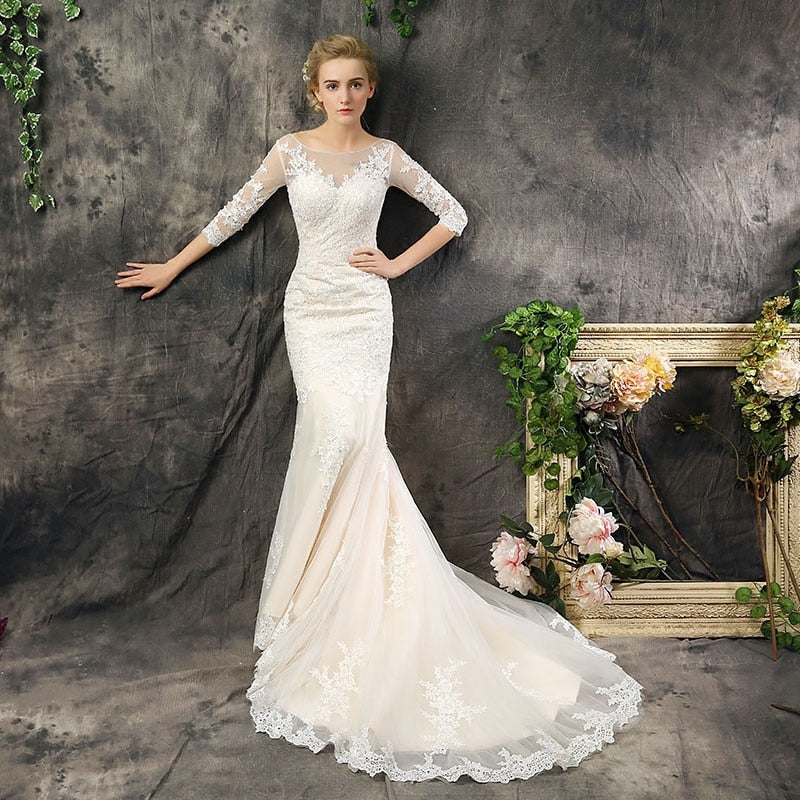 O-neck Mermaid Elegant Half Sleeve Lace Applique Bridal Dress