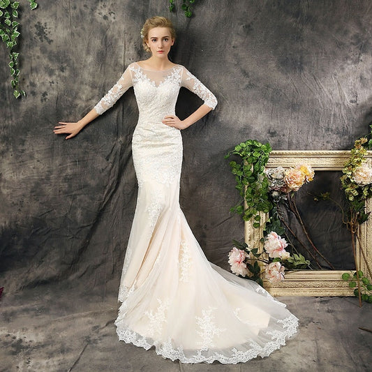 O-neck Mermaid Elegant Half Sleeve Lace Applique Bridal Dress