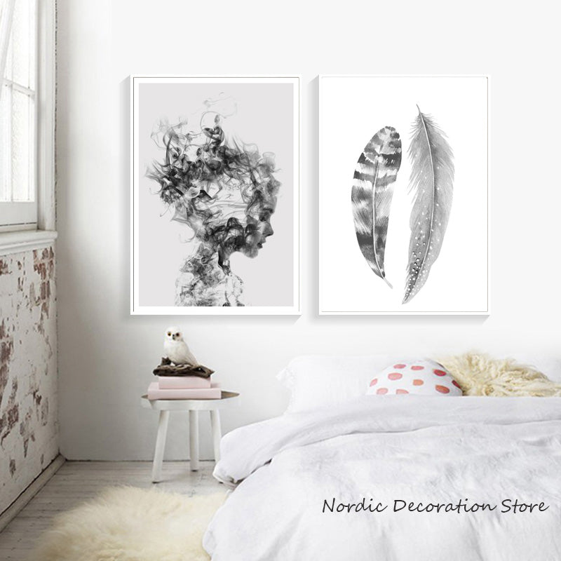 Abstract Art Nordic Poster Black And White Posters And Prints Canvas Painting Feather Wall Pictures For Living Room Unframed