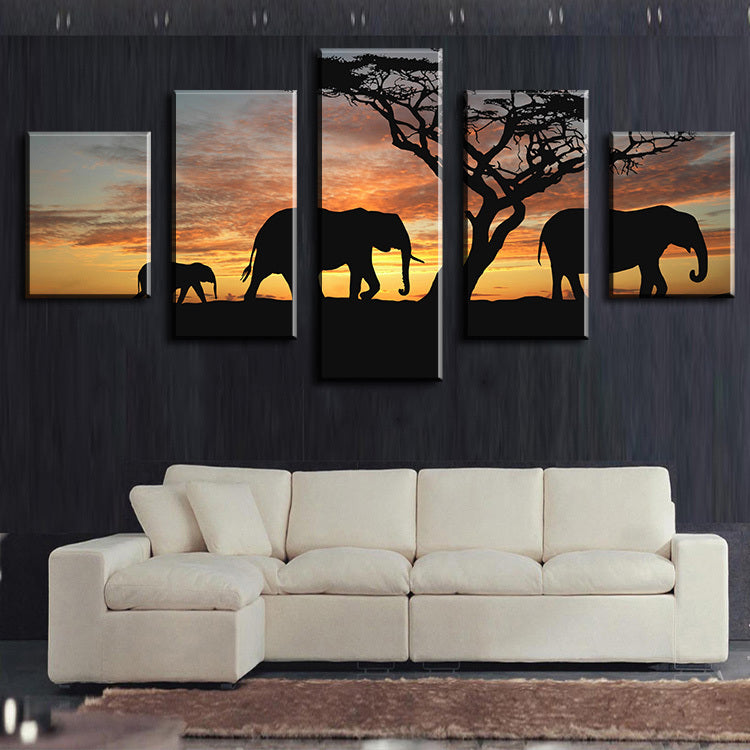 5 Piece elephants walking  Modern Home Wall Decor Canvas Picture Art HD Print WALL Painting Set of 5 Each Canvas Arts Unframe
