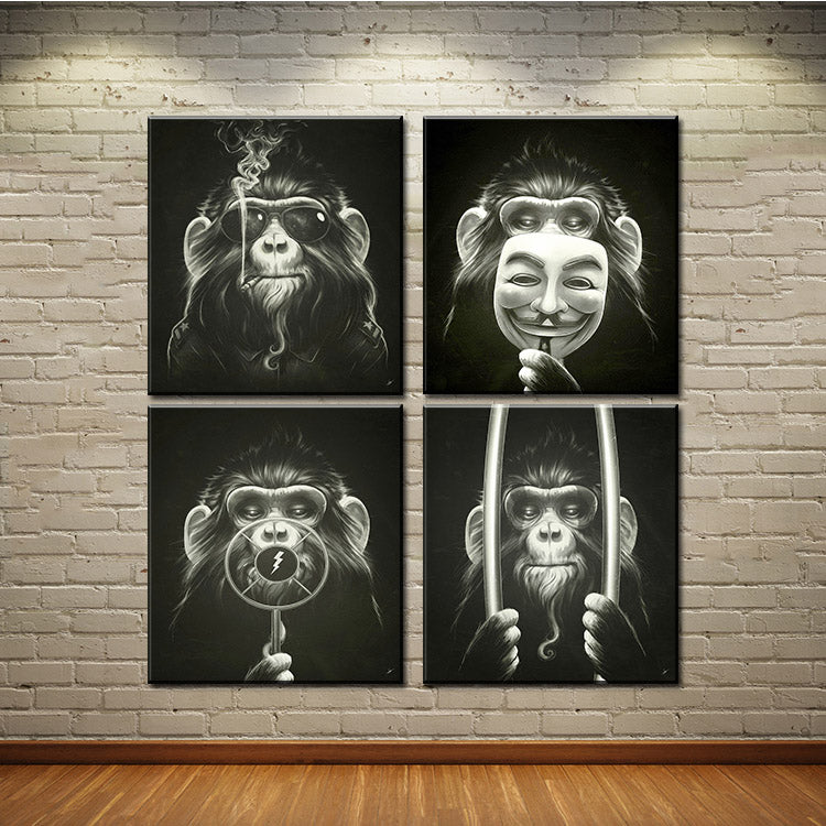 4Panel of one se tDecorative Pictures Balck Abstract Monkey Modern Smoking Picture print On Canvas Wall Oil Paintings No framed