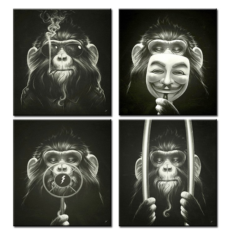 4Panel of one se tDecorative Pictures Balck Abstract Monkey Modern Smoking Picture print On Canvas Wall Oil Paintings No framed