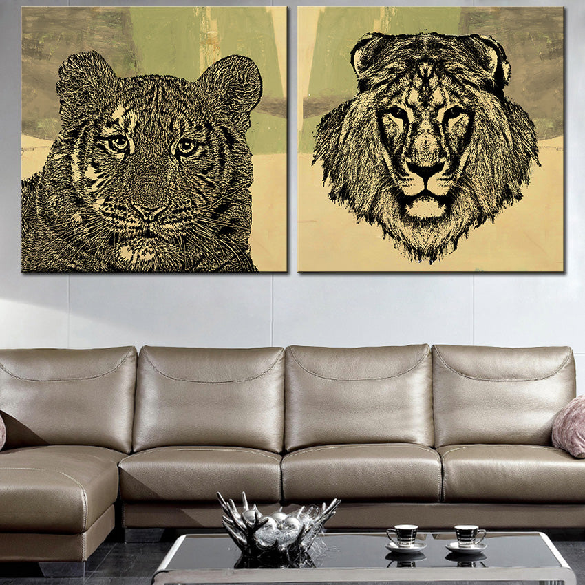 Large size 2pcs Print Oil Painting Wall painting tiger with lion Decorative Wall Art Picture For Living Room paintng No Frame