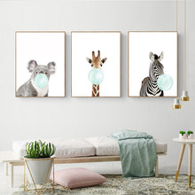 Load image into Gallery viewer, Cute Blue Bubble Gum Animal Zebra Giraffe Koala Kangaroo Canvas Art Abstract Painting Print Poster Picture Wall Home Decoration
