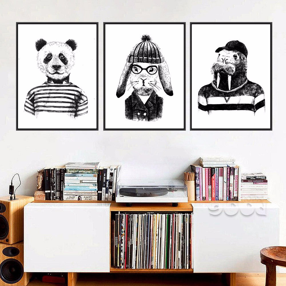 Hand draw Animals Canvas Art Print Poster,  Panda And Hippo Set Wall Pictures for Home Decoration, Giclee Wall Decor Cm036