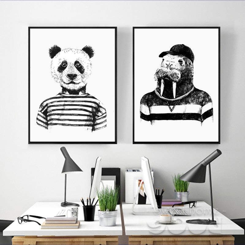 Hand draw Animals Canvas Art Print Poster,  Panda And Hippo Set Wall Pictures for Home Decoration, Giclee Wall Decor Cm036