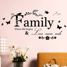 Load image into Gallery viewer, Family Love Never Ends Quote vinyl butterfly Wall Decal Wall Lettering Art Words Wall Sticker Home Decor Wedding Decoration 8346
