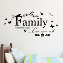 Load image into Gallery viewer, Family Love Never Ends Quote vinyl butterfly Wall Decal Wall Lettering Art Words Wall Sticker Home Decor Wedding Decoration 8346
