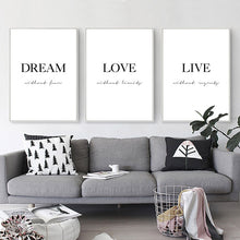 Load image into Gallery viewer, Dream Love Motivational Poster Black White Simple Quotes Canvas Wall Art Print Painting Minimalist Room Decoration Picture
