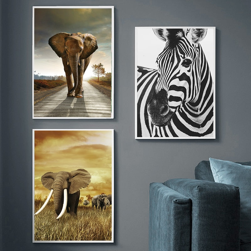 Elephant Zebra Lion Giraffe Rhino Black White Animal Canvas Painting Art Print Poster Picture Wall Nordic Decoration