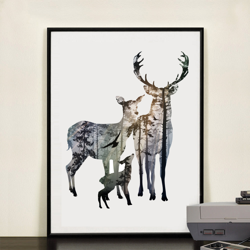 Silhouette of Deer Family with Pine Forest Canvas Art Print Painting Poster, Wall Picture for Home Decoration, Home Decor FA396