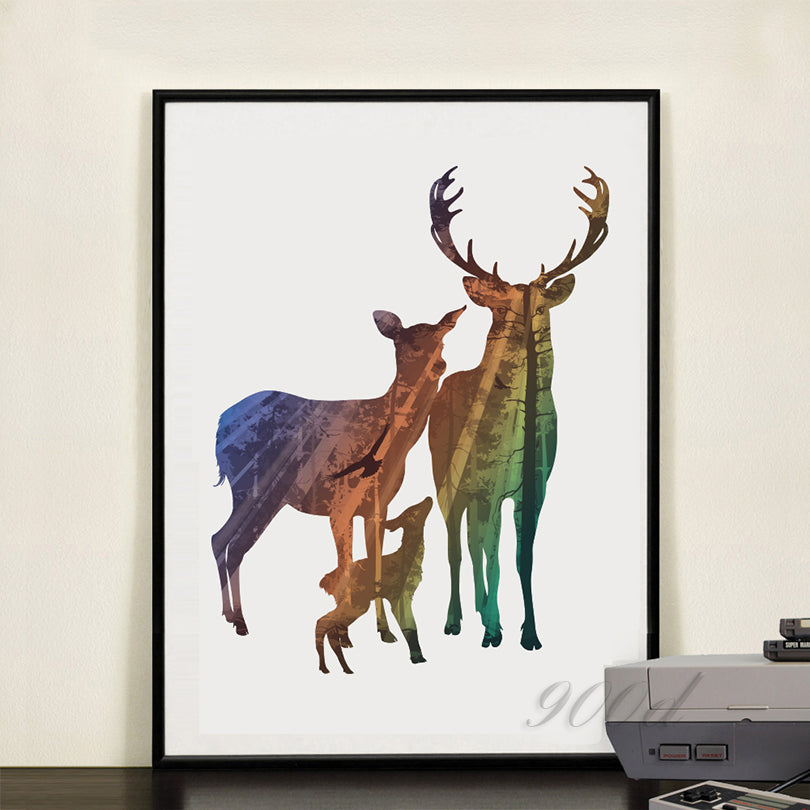 Silhouette of Deer Family with Pine Forest Canvas Art Print Painting Poster, Wall Picture for Home Decoration, Home Decor FA396