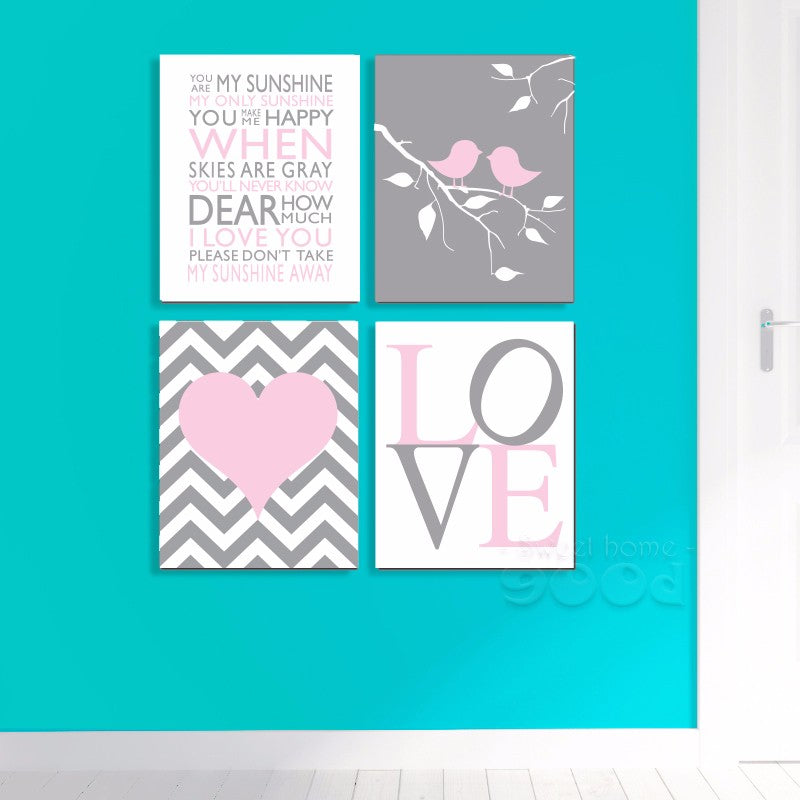Cartoon Chevron Print Canvas Art Print, Sunshine Quote Wall Pictures For Nusery Room Decoration, set of 4