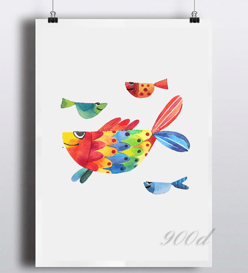 Watercolor Cartoon Fish Canvas Art Print Painting Poster,  Wall Pictures for Home Decoration,  Home Decor FA360