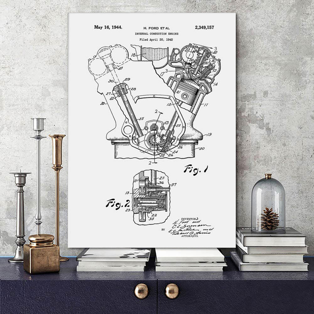 Abstract Canvas Painting Vintage Engine Print Painting Motor Patent Art Poster Blueprint Car Parts Pictures Engine Wall Decor