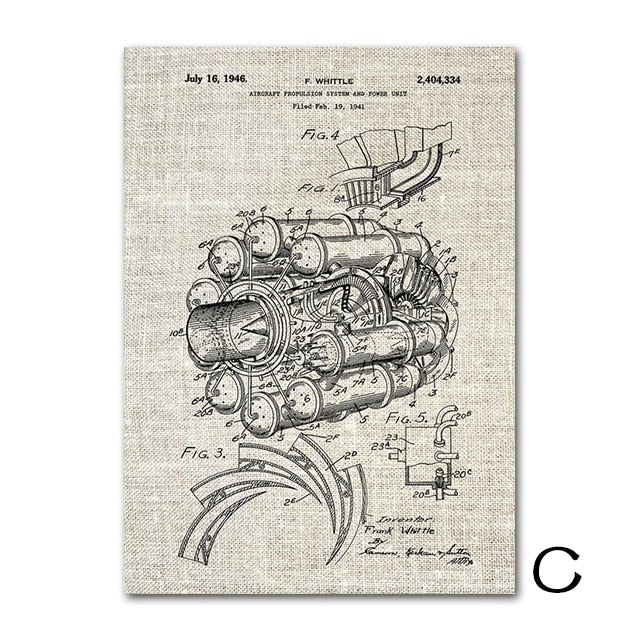 Airplane Jet Engine Patent Blueprint Vintage Poster Aviation Artwork Science Canvas Painting Wall Pictures Aviation Home Decor