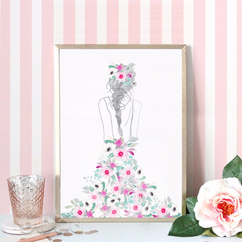 Girl with Flower Dress Canvas Art Print Painting Poster,  Wall Pictures for Home Decoration, Wall Decor CM033-4