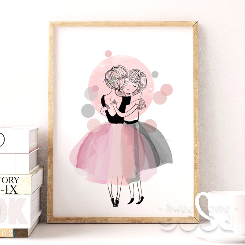 Watercolor Hug Girls Canvas Art Print Poster,  Wall Pictures for Girl Room Decoration, Giclee Wall Decor CM022-1