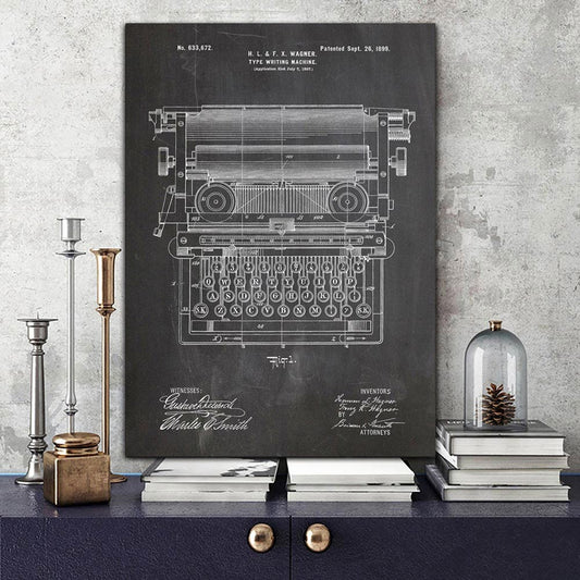 Abstract Canvas Painting Office Typewriter Patent Vintage Print Working Typewriter Art Poster Print Office Blueprint Wall Decor