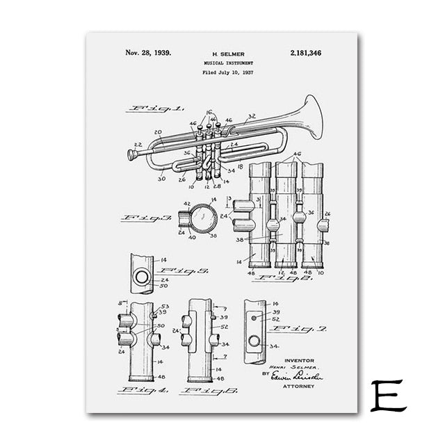 Trumpet Patent Blueprint Canvas Painting Wall Art Speaker Vintage Posters Black And White Wall Pictures Music Room Decoration