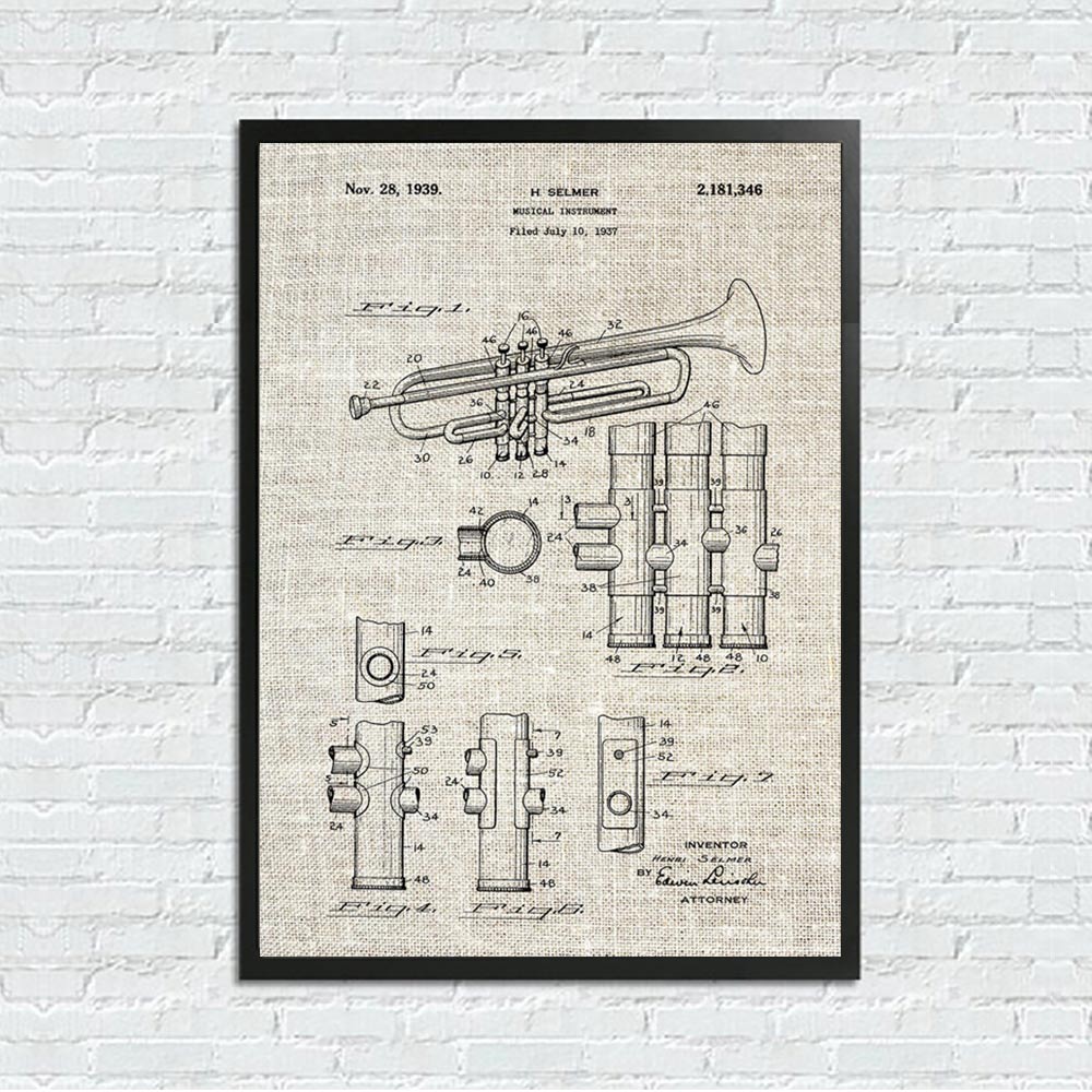 Trumpet Patent Blueprint Canvas Painting Wall Art Speaker Vintage Posters Black And White Wall Pictures Music Room Decoration