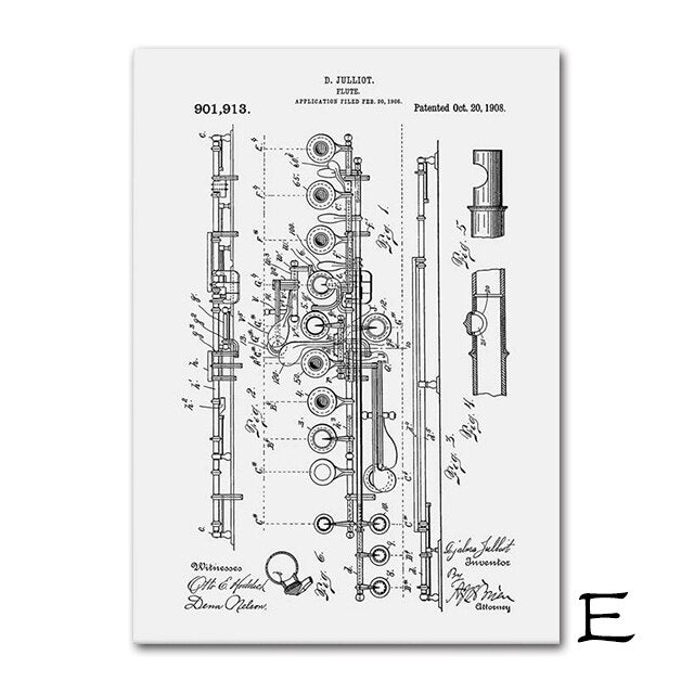Abstract Canvas Painting Classical Music Instrument Patent Vintage Poster Music Art Print Blueprints Music Room Decoration