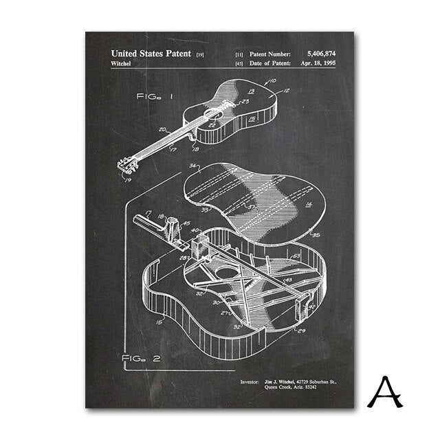 Martin Guitar Abstract Canvas Painting Acoustic Guitar Patent Vintage Posters Whammy Bar Art Prints Blueprint Music Room Decor