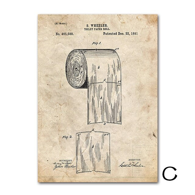 Lavatory Design Toilet Seat Canvas Posters Toilet Roll Patent Vintage Posters and Prints Blueprint Wall Pictures for Bathroom