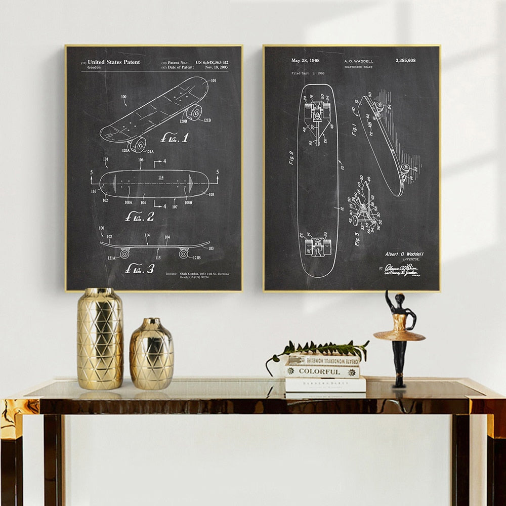 Double Kick Skateboard Patent Canvas Posters And Prints Skater Print Painting Blueprint Art Poster Wall Pictures Sports Decor