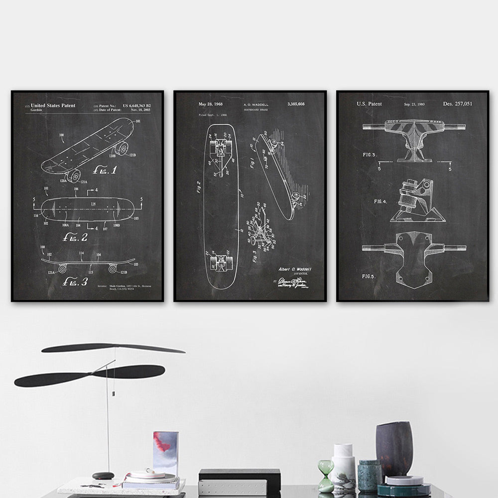Double Kick Skateboard Patent Canvas Posters And Prints Skater Print Painting Blueprint Art Poster Wall Pictures Sports Decor