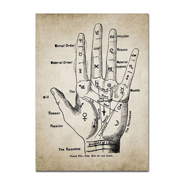 Palmistry Hand Patent Vintage Poster Chiromancy Fortune Telling Palm Reading Retro Print Painting Wall Pictures Room Home Decor