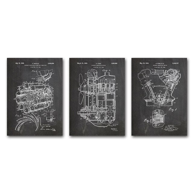 Vintage Engine Motor Print Painting Aviation Artwork Train Car Patent Canvas Art Poster Wall Pictures For Aviation Home Decor