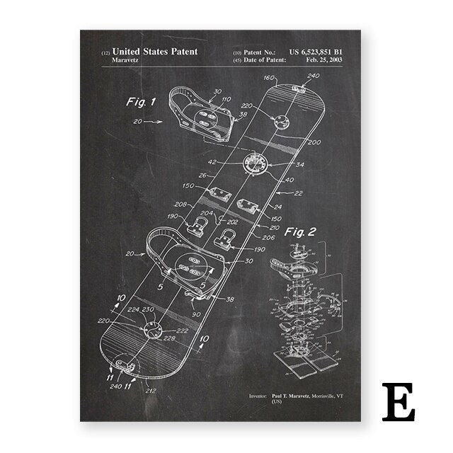 Snowboard Patent Abstract Canvas Painting Snow Skiing Vintage Poster Blueprint Art Prints Wall Pictures For Sports Decorations