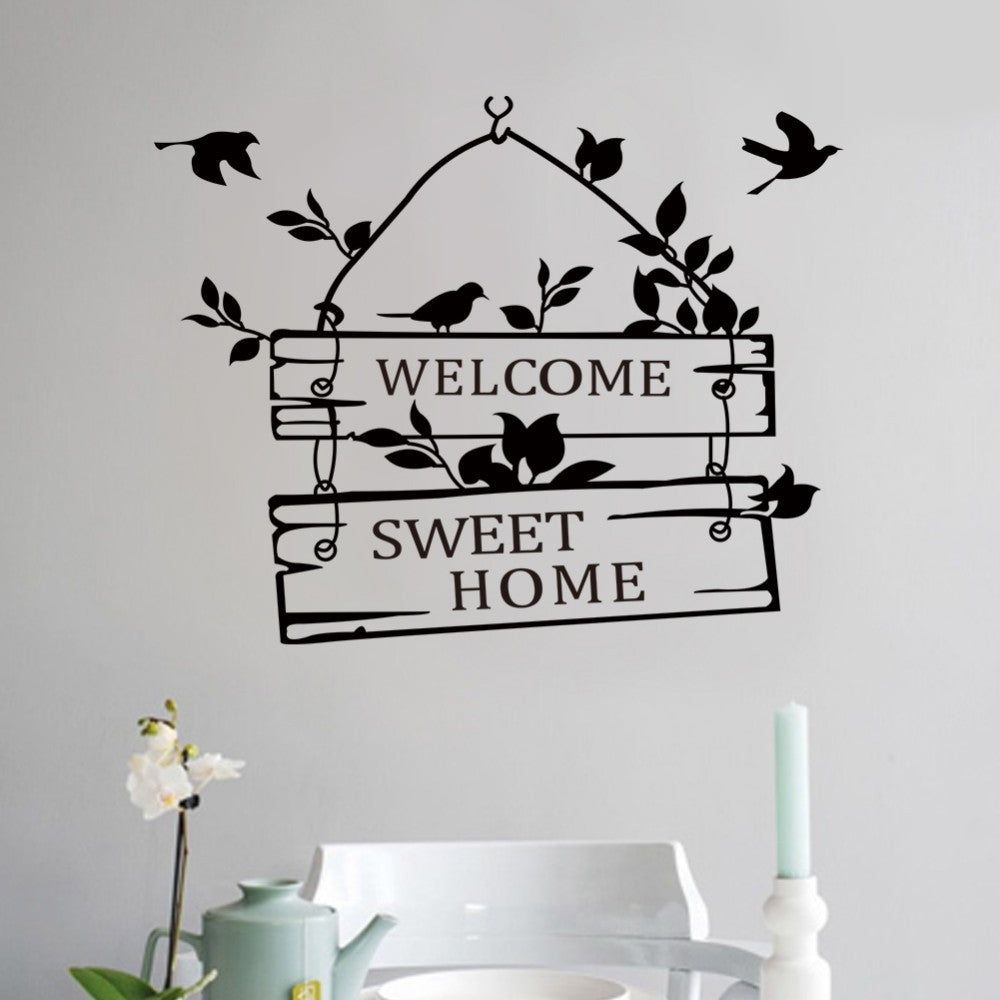 welcome sweet home quotes wall stickers home decor living room door sign birds flower vine wall decals vinyl mural art