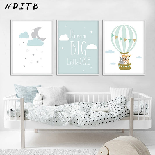 Animal Balloon Moon Nursery Poster Wall Art Canvas Print Dream Big Quotes Painting Nordic Kid Baby Bedroom Decoration Picture
