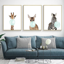 Load image into Gallery viewer, Cute Blue Bubble Gum Animal Zebra Giraffe Koala Kangaroo Canvas Art Abstract Painting Print Poster Picture Wall Home Decoration
