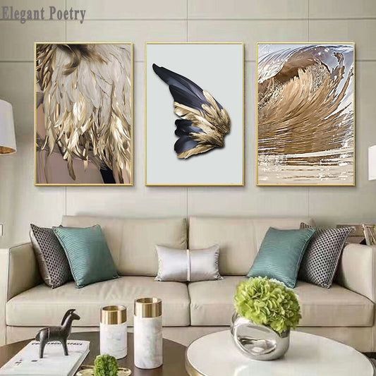 Nordic Decor Feathers Canvas Painting White Poster And Print Unique Modern Golden Wings Wall Art For Living Room Bedroom Aisle