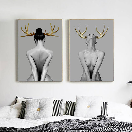 Modern Simple Fashion Sexy Golden Deer Canvas Painting Art Printing Poster Pictures Wall Bedroom Living Room Home Decoration