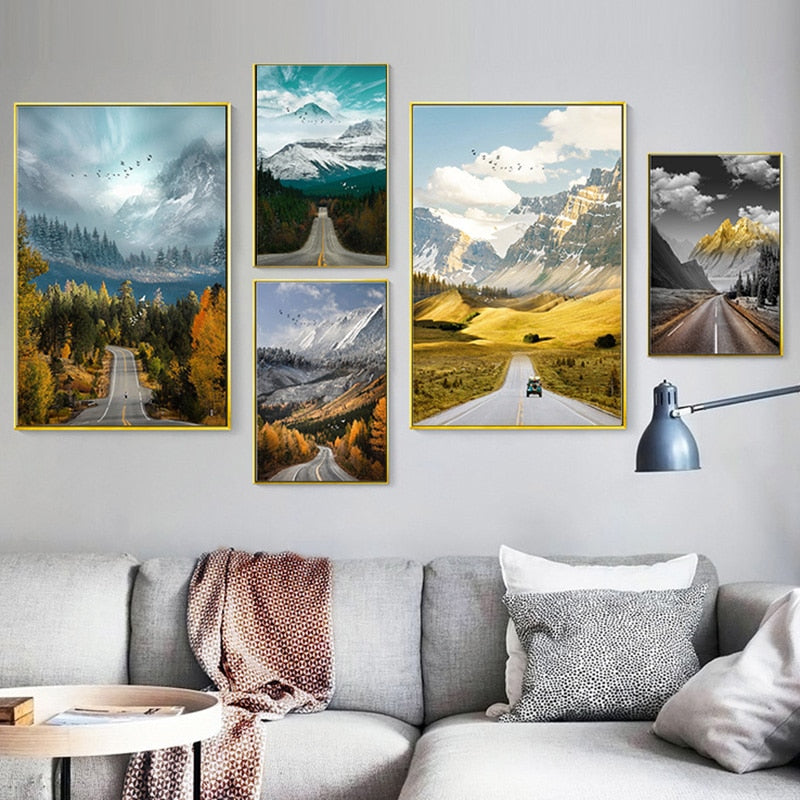 Nature Scenery Nordic Canvas Painting Wall Art Mountain Forest Road Landscape Print and Poster for Bedroom Home Backdrop Decor