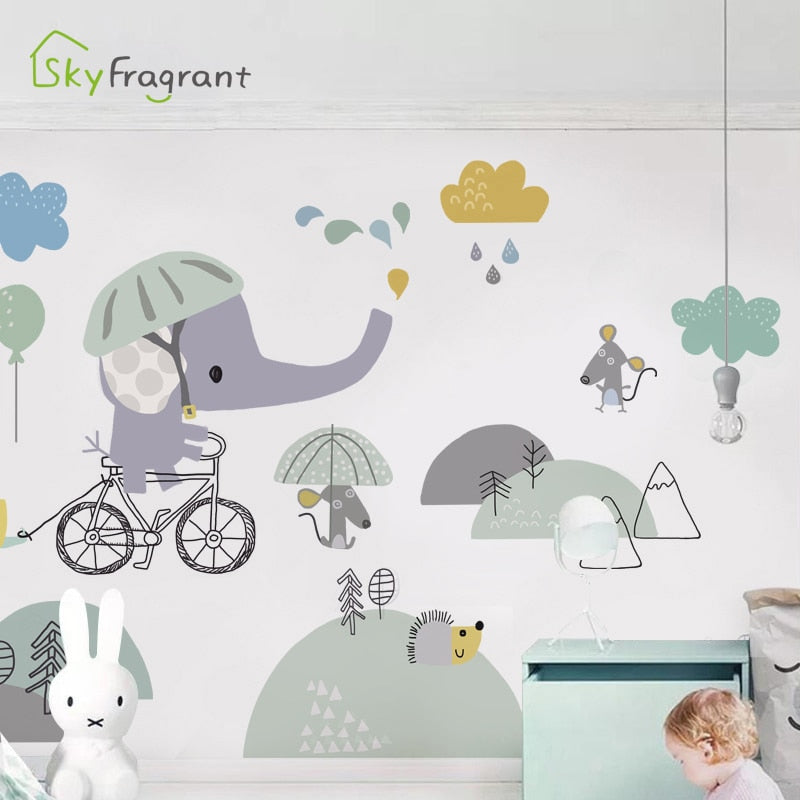 Cartoon baby elephant wall sticker kids room decoration bedroom wall decor self-adhesive stickers for home house decoration