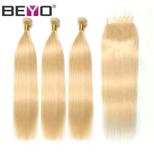 Load image into Gallery viewer, 613 Blonde Bundles With Closure Brazilian Straight Hair Bundles With Closure Human Hair Bundles With Closure Non Remy Hair Beyo
