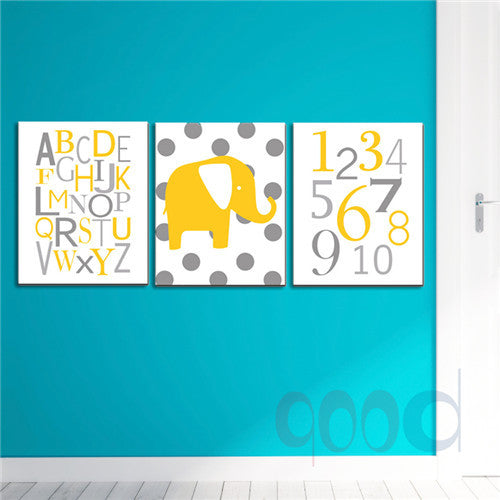Cartoon Elephant Chevron Print Canvas Painting Poster, Wall Pictures For Nusery Room Home Decoration Print On Canvas,  set of 3