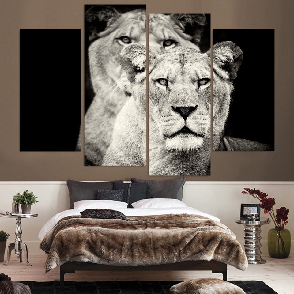 HD Printed 4pcs Black and white lion Painting on canvas room decoration print poster picture canvas framed Free shipping/NY-5726