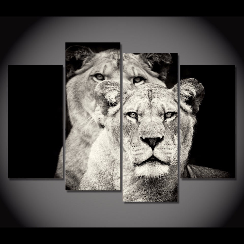 HD Printed 4pcs Black and white lion Painting on canvas room decoration print poster picture canvas framed Free shipping/NY-5726