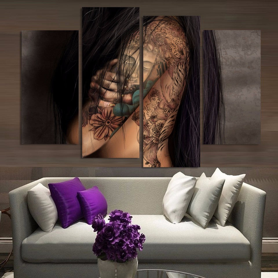 HD Printed 4 piece canvas art girl tattoo Painting on canvas room decoration Free shipping/ny-5045