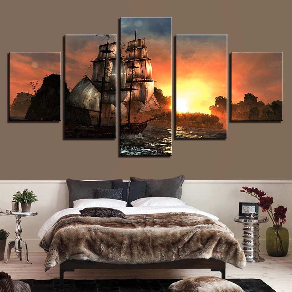 5 Panels HD Printed Canvas Picture Painting Wall Art Sunset Ship Boat Mountain Home Decoration Posters Living Room