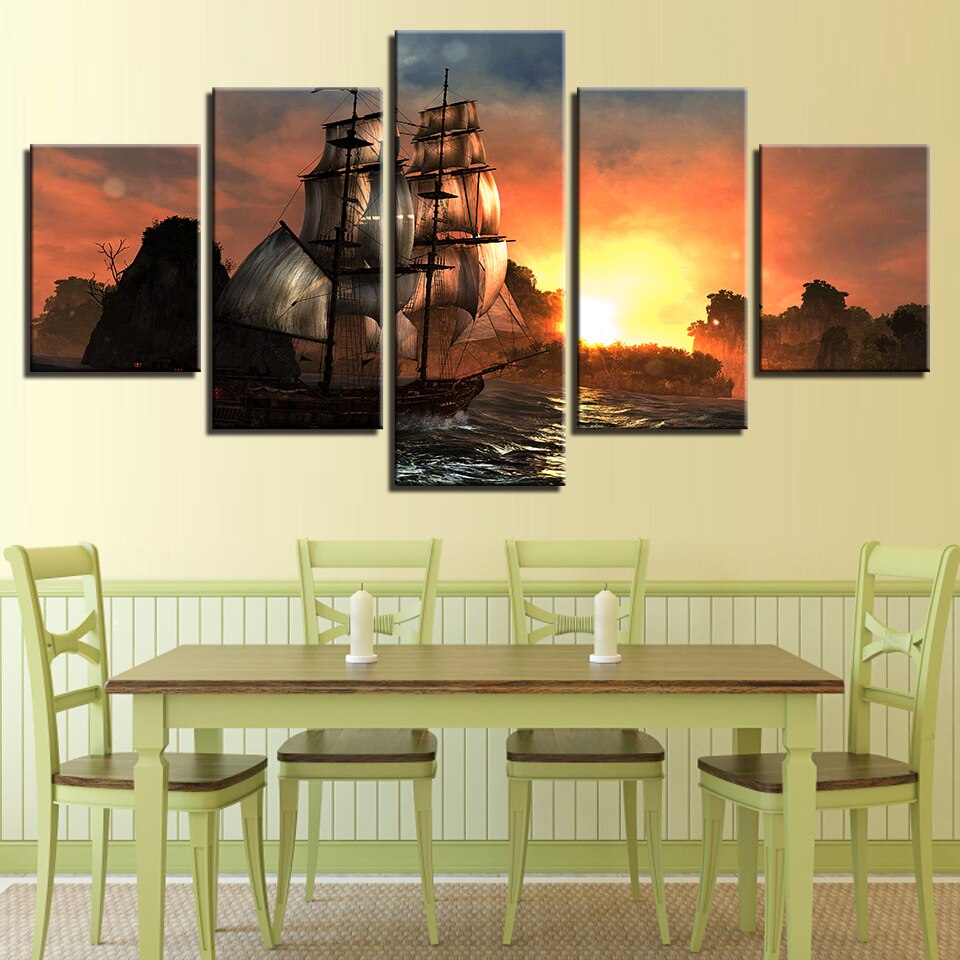 5 Panels HD Printed Canvas Picture Painting Wall Art Sunset Ship Boat Mountain Home Decoration Posters Living Room