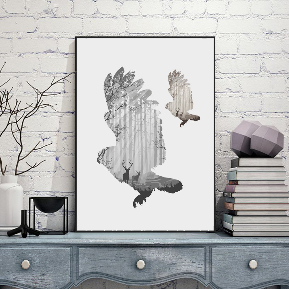 silhouette of a flying owl with pine forest Canvas Art Print Painting Poster,  Wall Picture for Home Decoration,  FA396-6