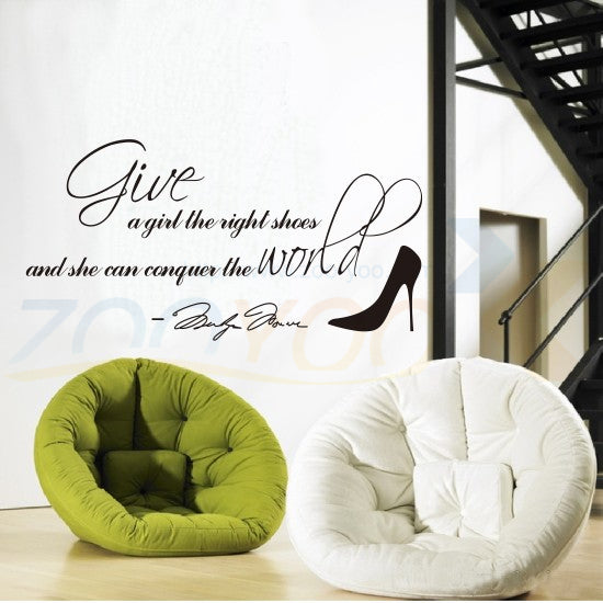 Marilyn Monroe quotes ''Give a girl right shoes she can conquer the world'' vinyl wall sticker decals girl room decor 8051
