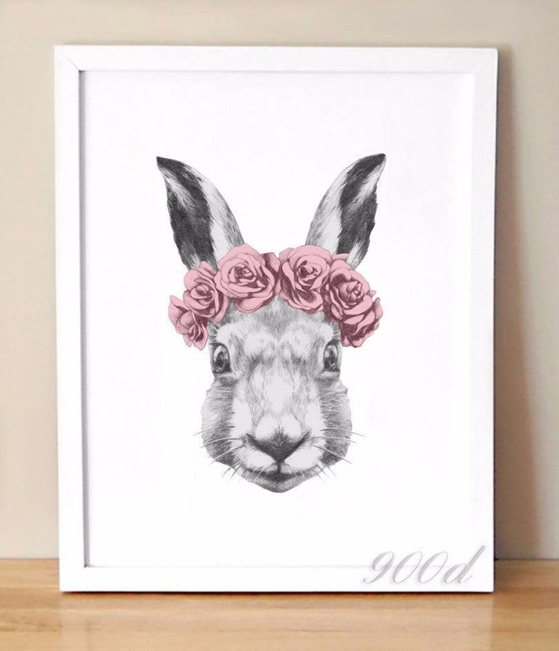 Rabbit Drawing with Rose Canvas Art Print Painting Poster,  Wall Picture for Home Decoration,  Wall Decor FA403